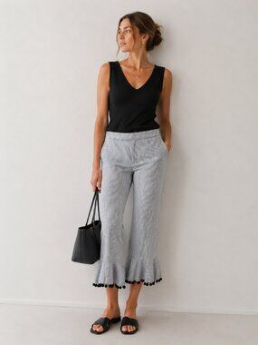 ZARA Gingham Cropped Pants Pom Pom Hem Capris Cropped Flare Euro Summer Vacation